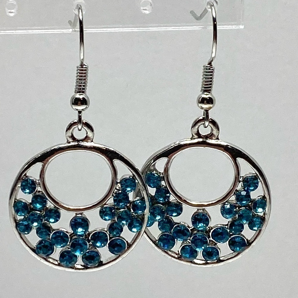 Earrings Blue Glass Rhinestone Circles Earrings Dangle Drops Silver Tone